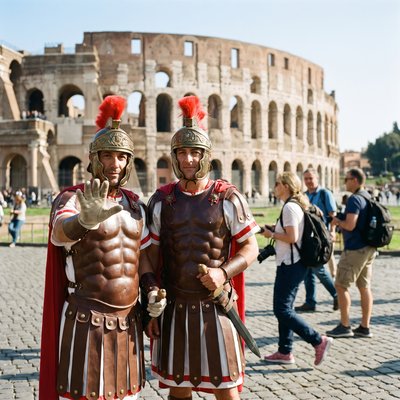 Two men dressed as Roman centurions in front of the Colosseum, one holding out his palm