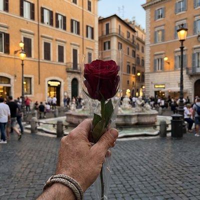 A street seller pushing a single red rose toward you in a Roman piazza