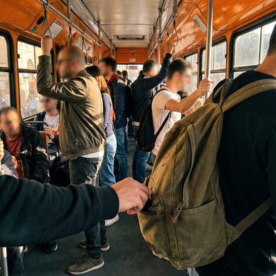 A hand reaching into a backpack pocket on a crowded Rome bus